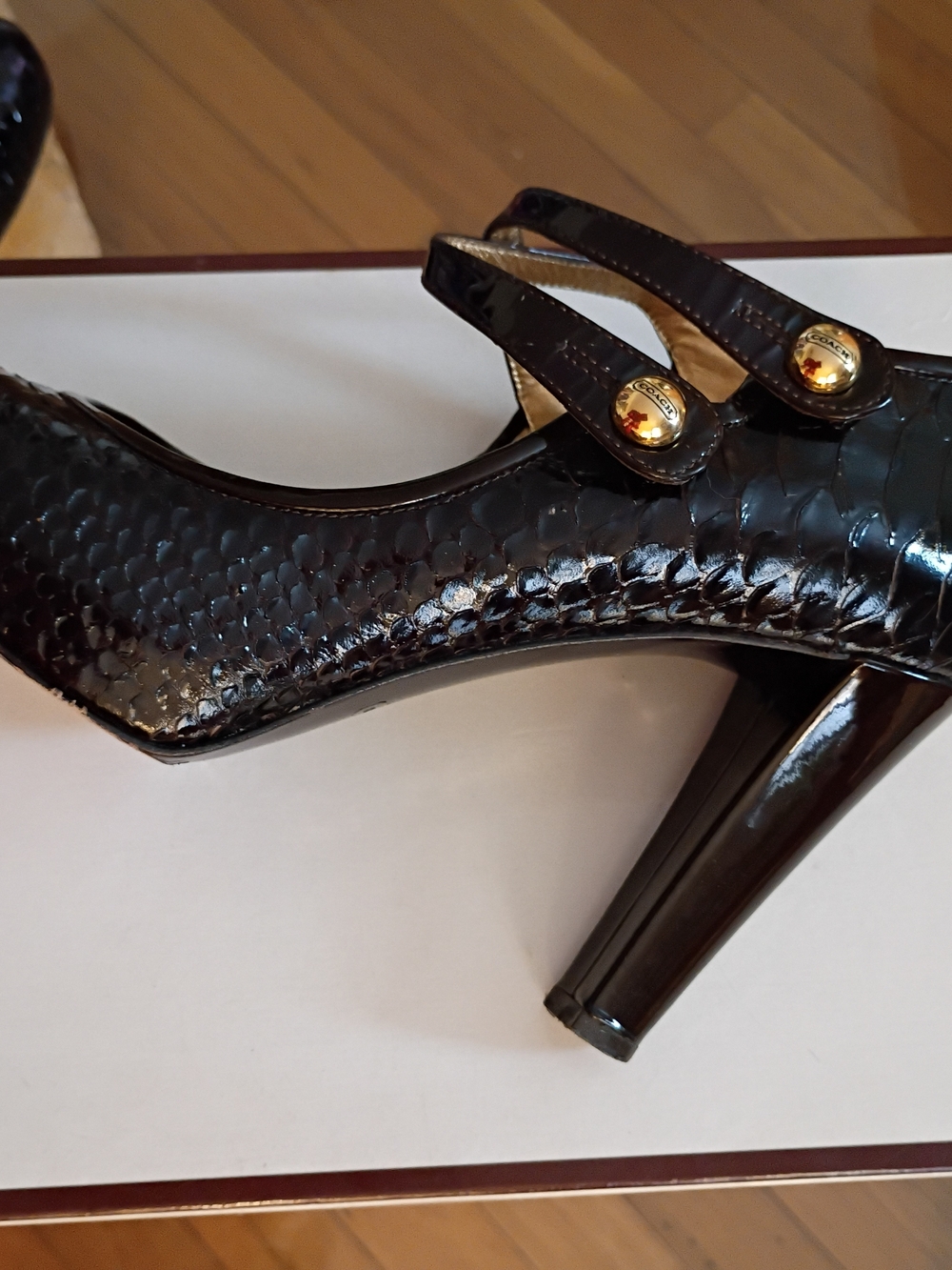 Coach Black Patent Mary Jane Heels with Gold Logo Buttons